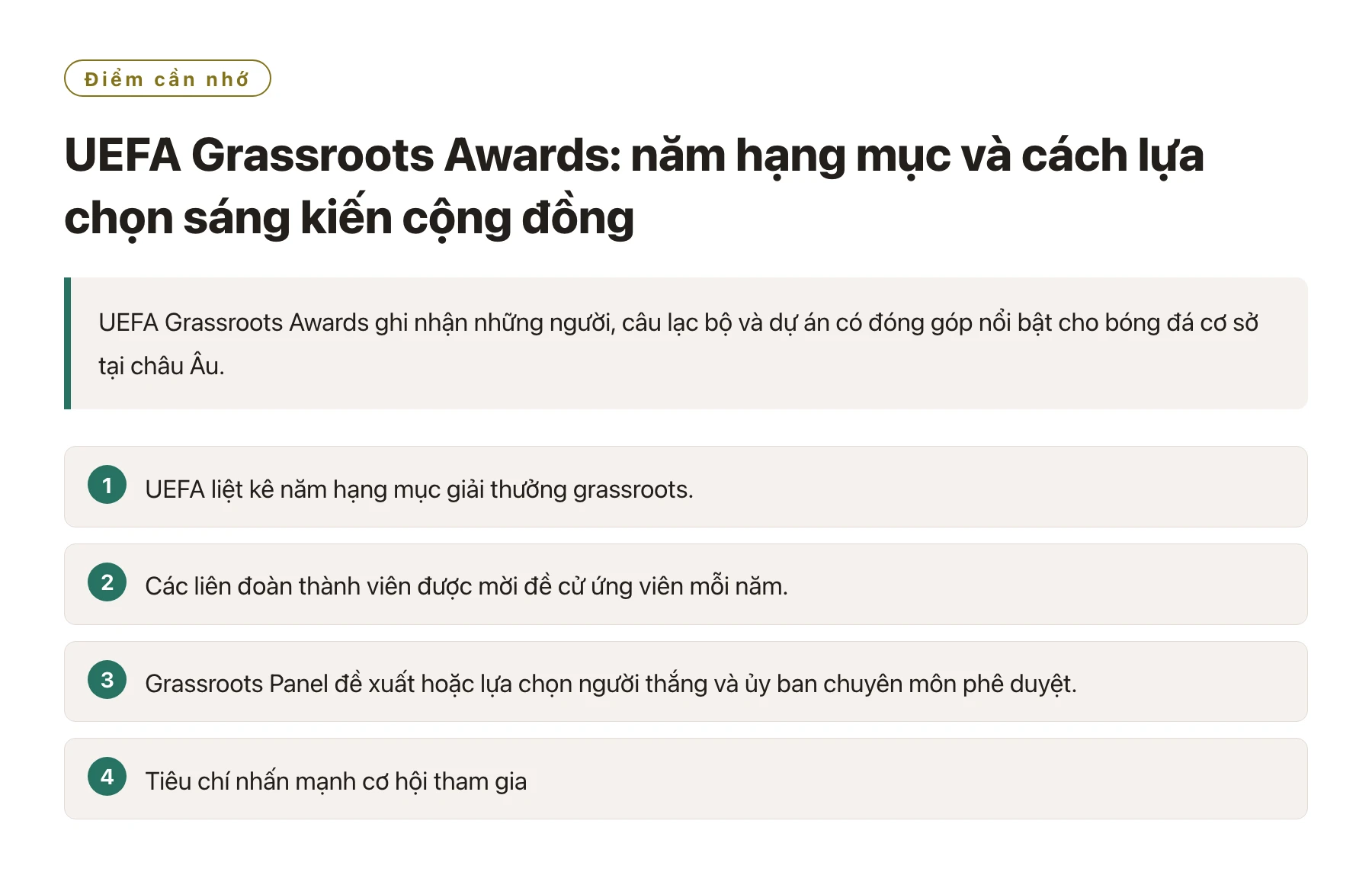 UEFA Grassroots Awards: năm hạng mục và cách lựa chọn sáng kiến cộng đồng——全文要点速览